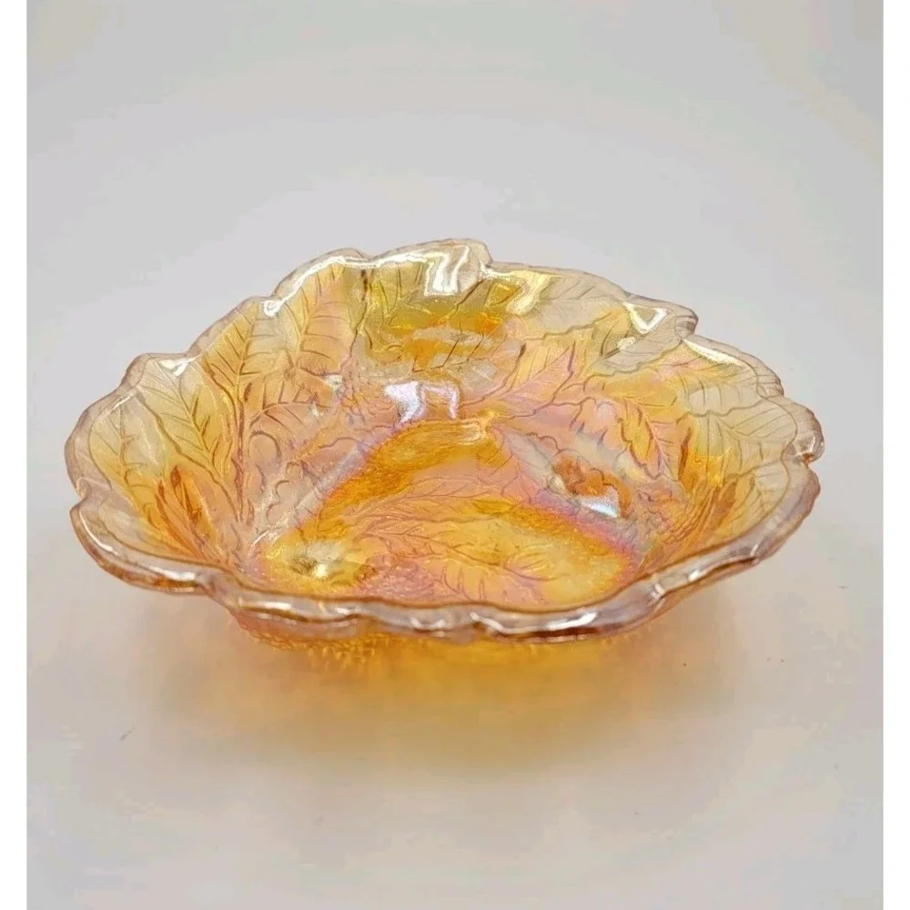 Vintage 70s Marigold Indiana Carnival Glass Iridescent Grapes & Leaves Bowl Dish